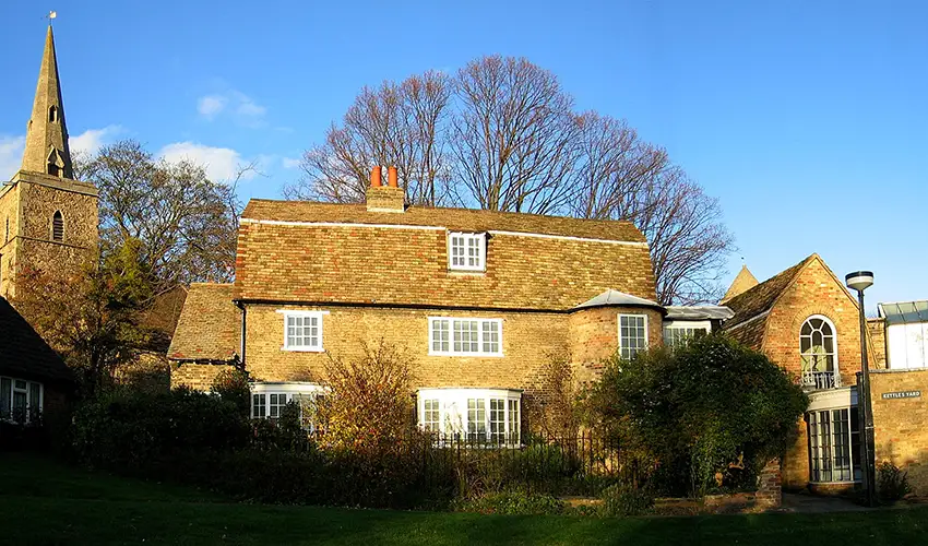 building with steeple on the left 